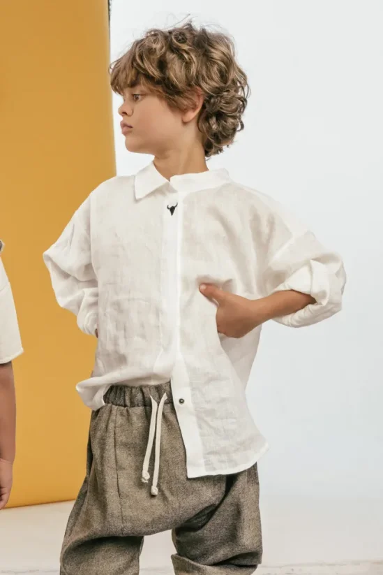 LINEN SHIRT ecru / Detská ľanová košeľa - Veľkosť Booso: 10/11 rokov